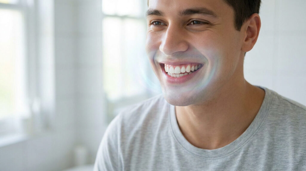 Jeune homme souriant et confiant, affichant des dents blanches. Un halo lumineux met en évidence l'action de détection de plaque.