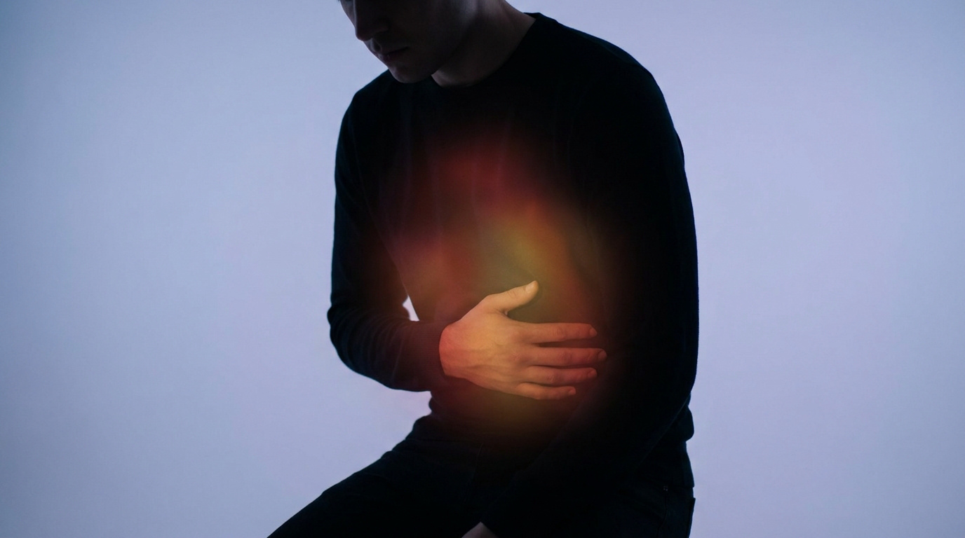 Homme souffrant de douleurs abdominales avec une zone lumineuse rouge et orange sur le ventre.