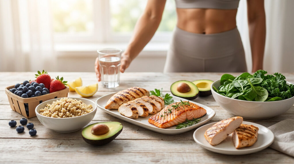 Une personne en tenue de sport près d'une table avec du saumon, du poulet, du quinoa, de l'avocat et des fruits.