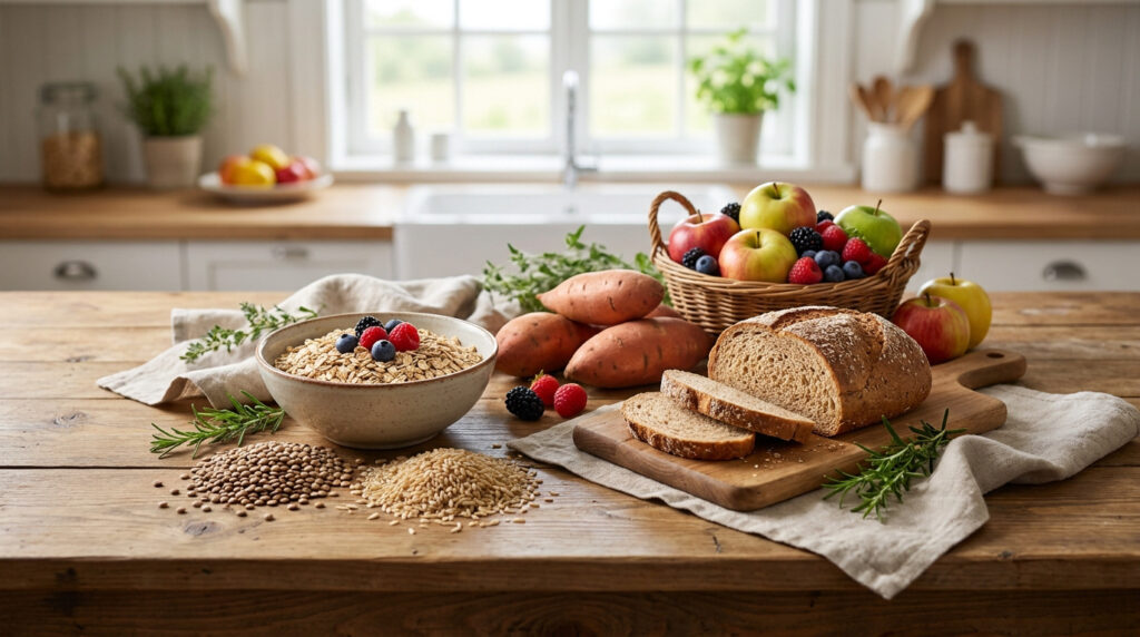 Assortiment d'aliments sains comme de l'avoine, des patates douces, du pain complet et des baies sur une table en bois.