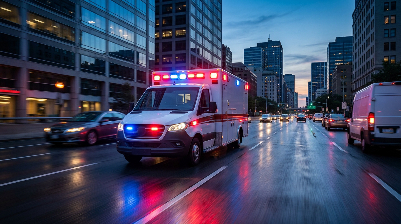Une ambulance avec ses gyrophares bleus et rouges circulant sur une route urbaine mouillée au crépuscule.