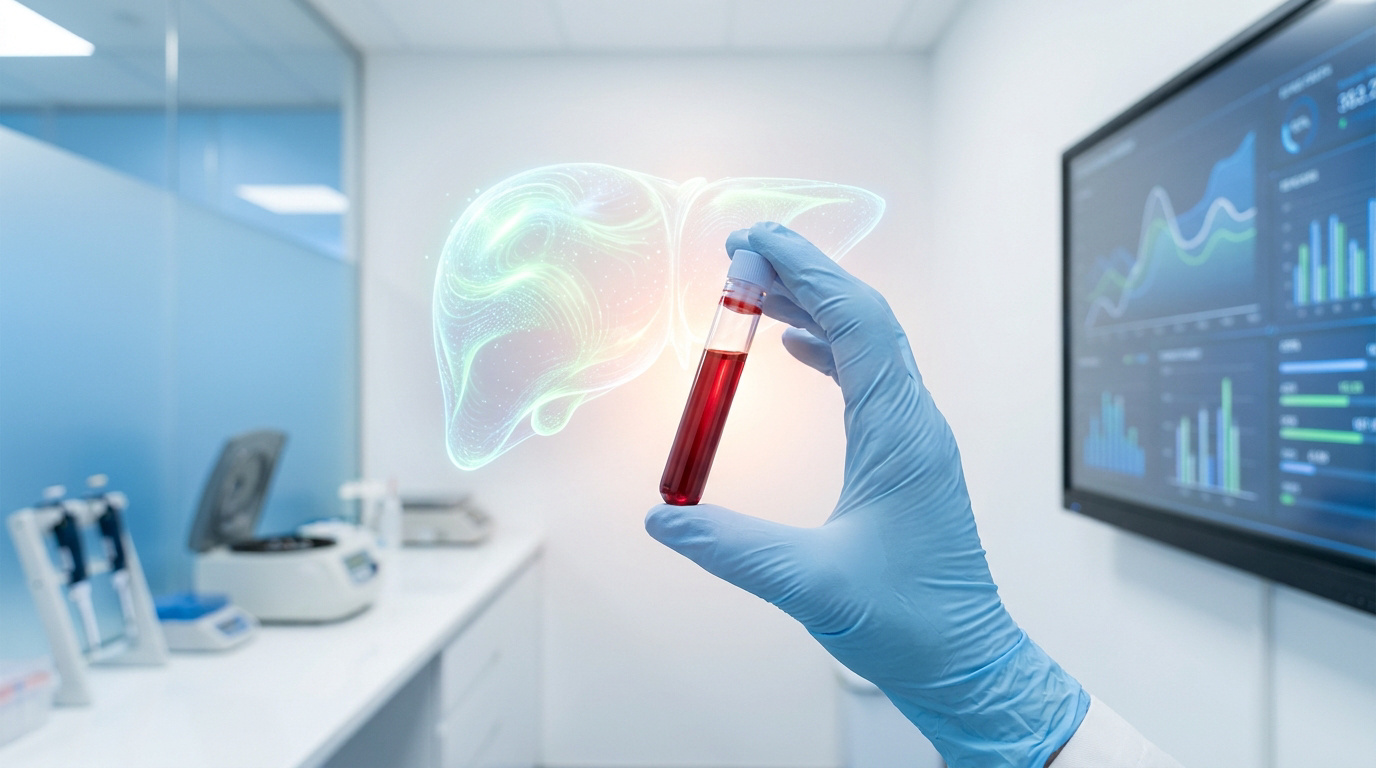Un scientifique en laboratoire tient un tube à essai avec un hologramme de foie en arrière-plan.