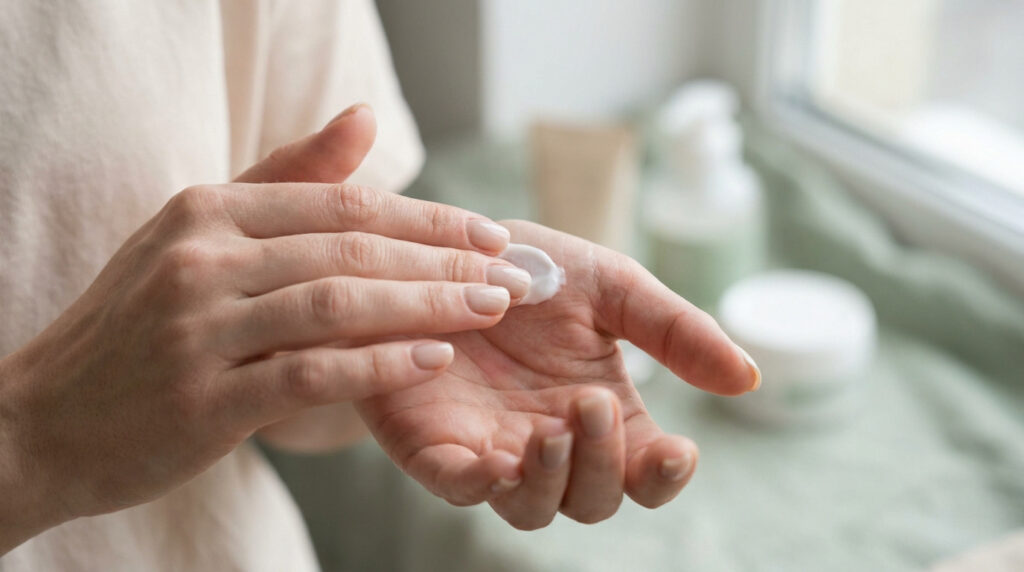 Gros plan sur des mains appliquant une crème blanche sur la paume pour apaiser une irritation.
