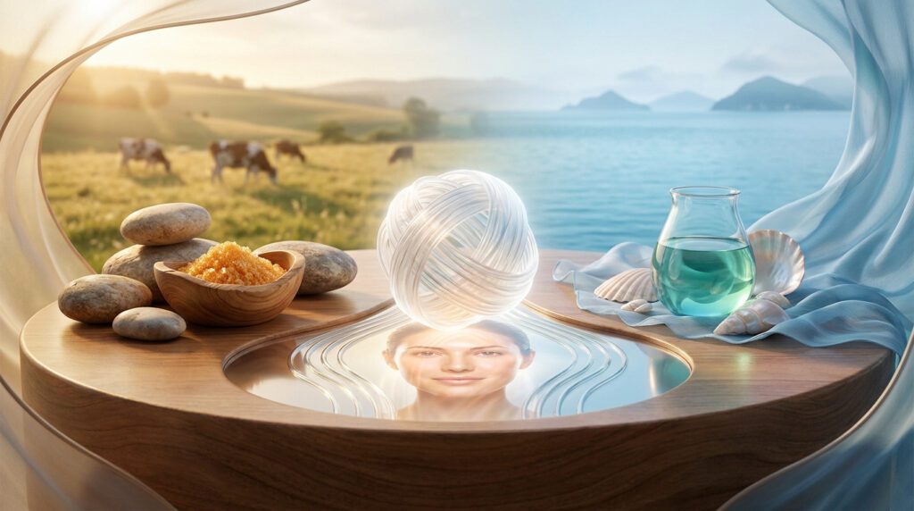 Représentation conceptuelle du collagène bovin et marin avec le visage d'une femme au centre sur une table en bois.
