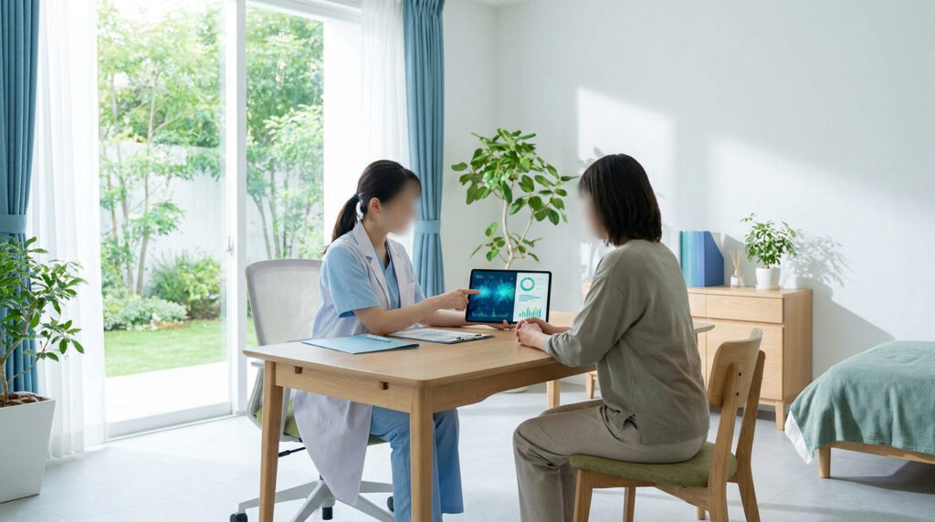 Une médecin montre des résultats médicaux sur une tablette à une patiente lors d'une consultation dans un cabinet.