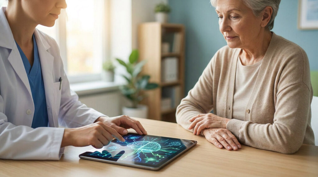 Un médecin montre une représentation numérique du cerveau sur une tablette à une patiente âgée dans un cabinet médical.
