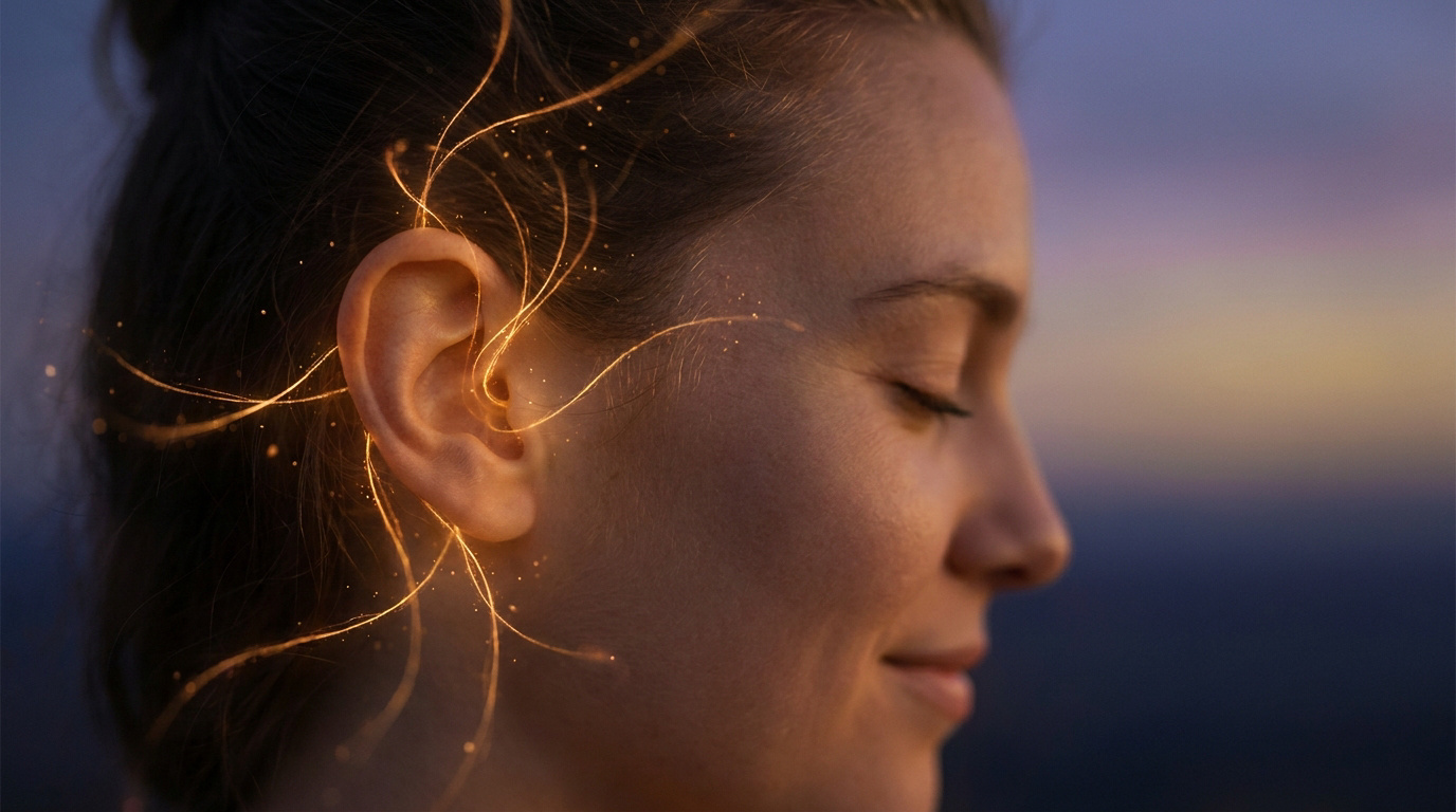 Gros plan sur le visage d'une femme avec des filaments lumineux dorés émanant de son oreille droite.