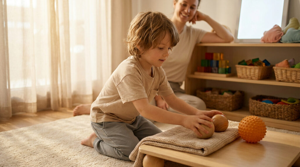 Un jeune enfant joue avec des balles sensorielles sur une table basse, sous le regard bienveillant de sa mère.