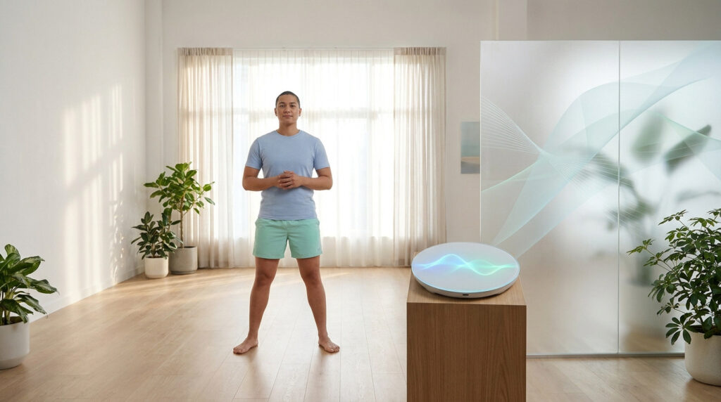 Un homme debout devant un appareil de mesure de santé connecté émettant des ondes lumineuses dans une pièce lumineuse.