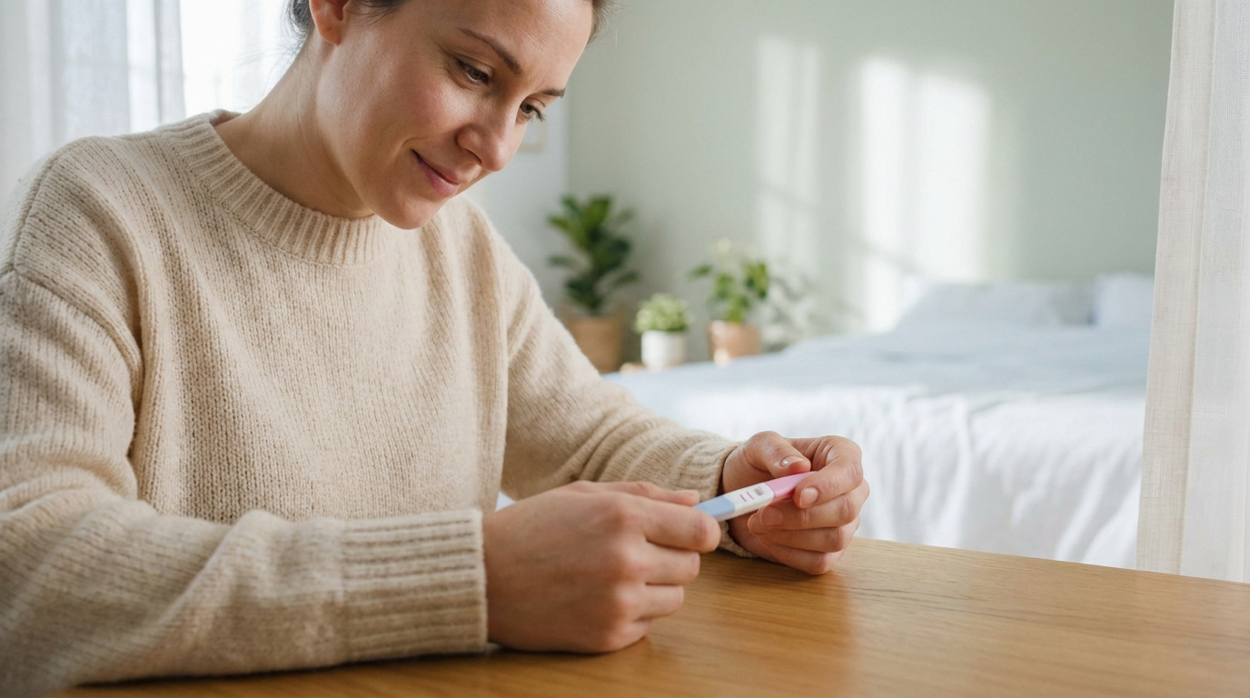 Une femme souriante tient un test de grossesse positif chez elle, assise à une table avec une chambre en arrière-plan.