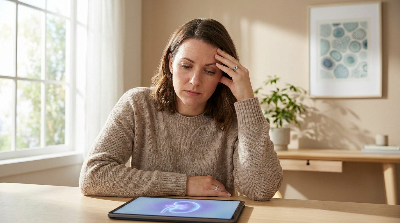 Une femme fatiguée regarde un écran de tablette affichant une image de rein, assise dans un salon lumineux.