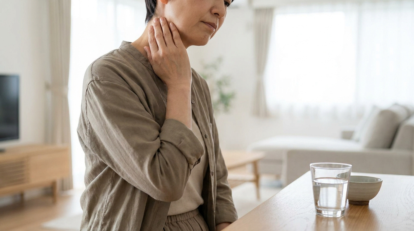 Une femme se tient la gorge, en difficulté après avoir avalé un médicament, avec un verre d'eau posé sur la table.