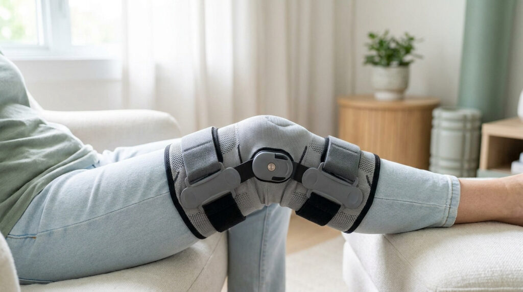 Une personne assise porte une attelle de genou articulée grise avec des sangles de maintien sur sa jambe.