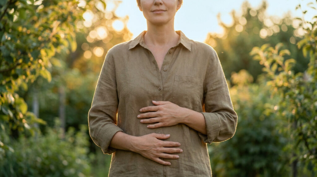 Femme en chemise beige posant ses mains sur son ventre dans un jardin ensoleillé.