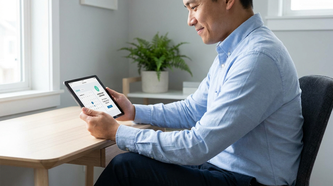 Un homme souriant prend rendez-vous chez un dermatologue sur sa tablette numérique.