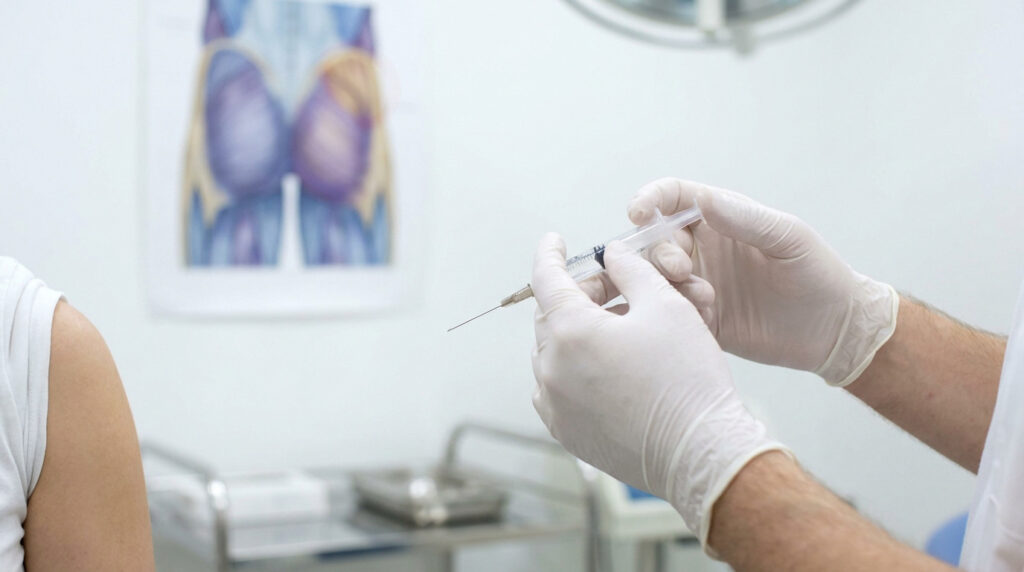 Un professionnel de santé portant des gants en latex prépare une seringue pour une injection intramusculaire.