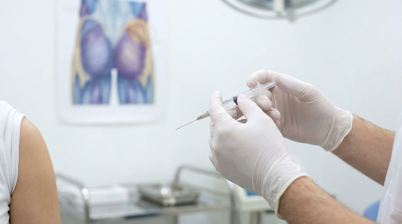 Un professionnel de santé portant des gants en latex prépare une seringue pour une injection intramusculaire.