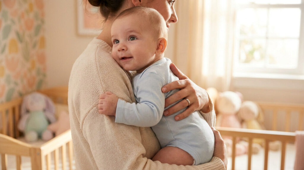 Une mère porte son bébé en body bleu clair contre elle dans une chambre lumineuse et chaleureuse.