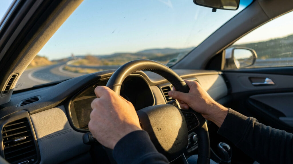 Vue subjective depuis l'intérieur d'une voiture, les mains d'un conducteur sur le volant lors d'un trajet ensoleillé.