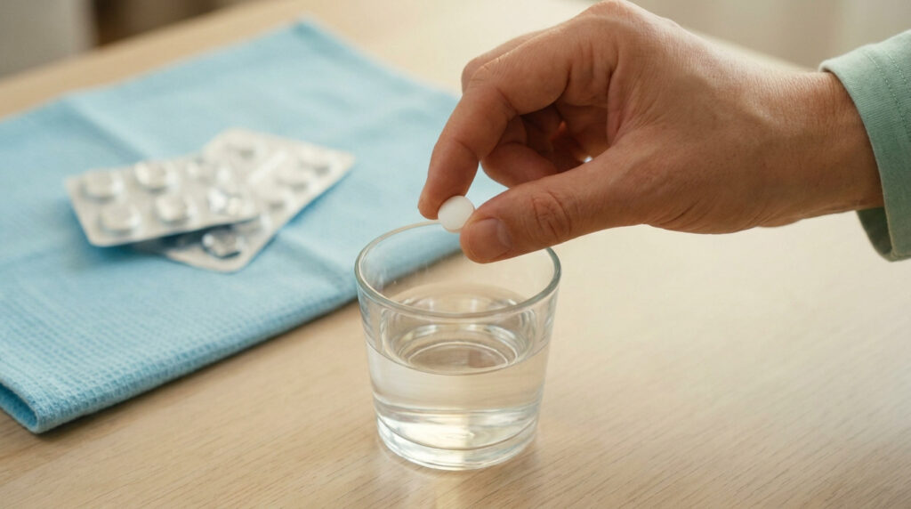 Une main s'apprête à déposer un comprimé blanc dans un verre d'eau posé sur une table.