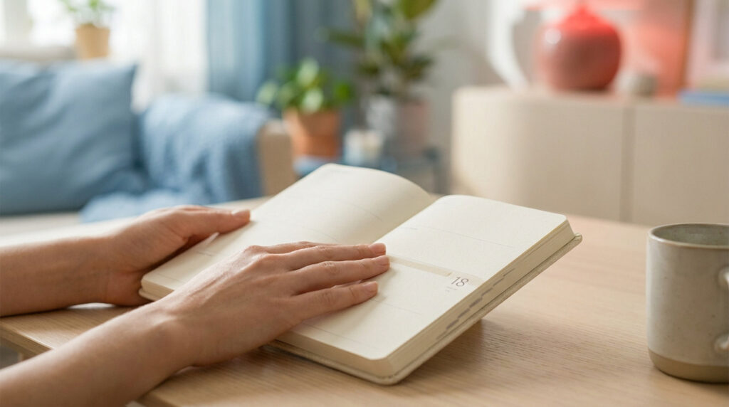 Gros plan sur les mains d'une personne posées sur un agenda ouvert, sur une table en bois dans un salon lumineux.