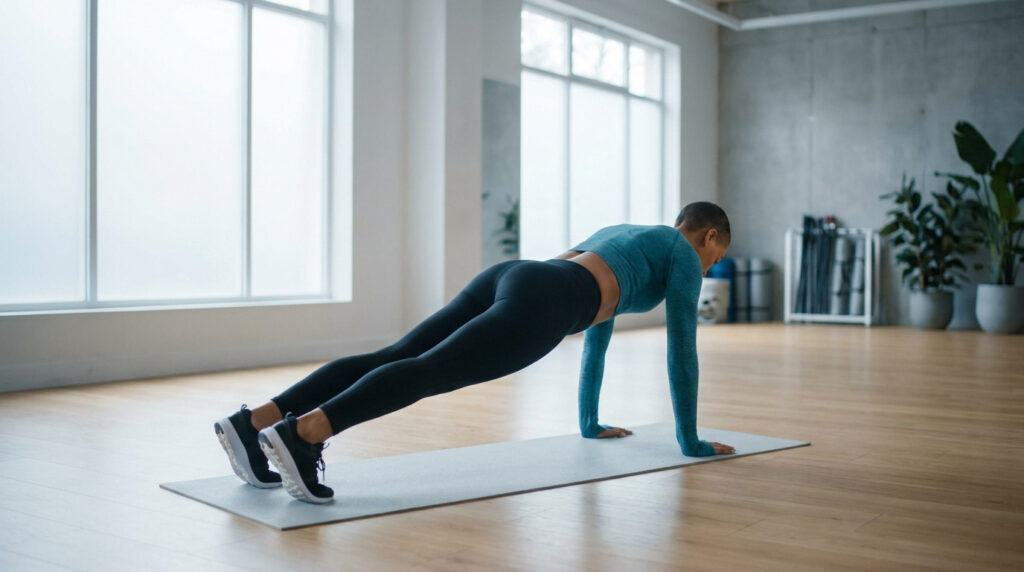 Une femme en tenue de sport réalise un exercice de gainage en planche sur un tapis dans une salle lumineuse.