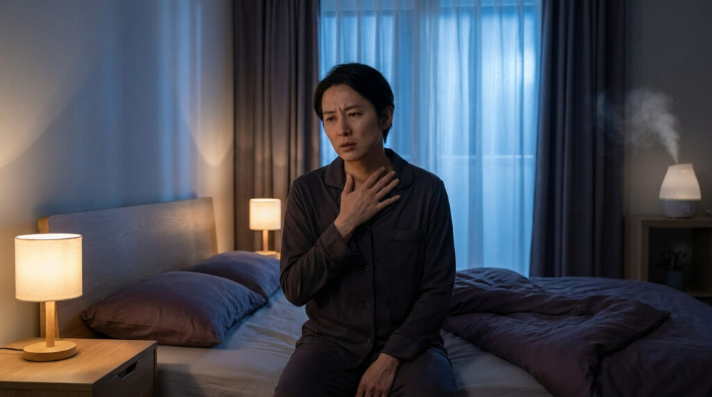 Une personne assise sur son lit, de nuit, tenant sa gorge avec une expression de gêne respiratoire ou de toux.