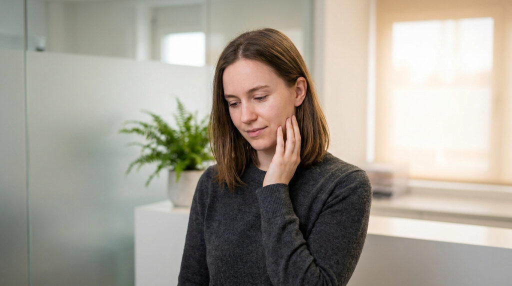 Une jeune femme portant un pull gris se tient la joue, exprimant une douleur ou une inquiétude dentaire.