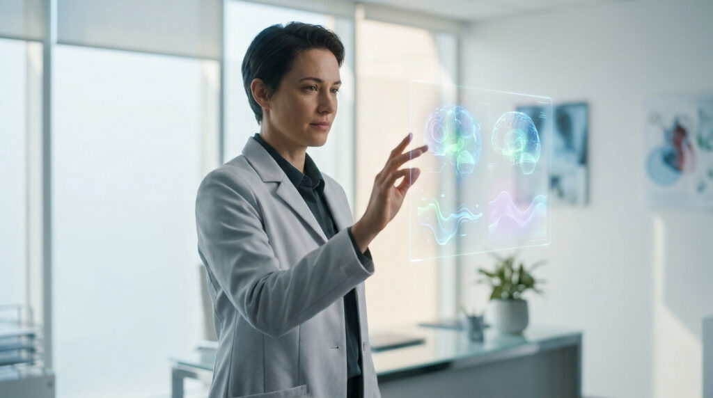 Une médecin examine des images cérébrales 3D sur un écran holographique interactif dans un cabinet médical moderne.