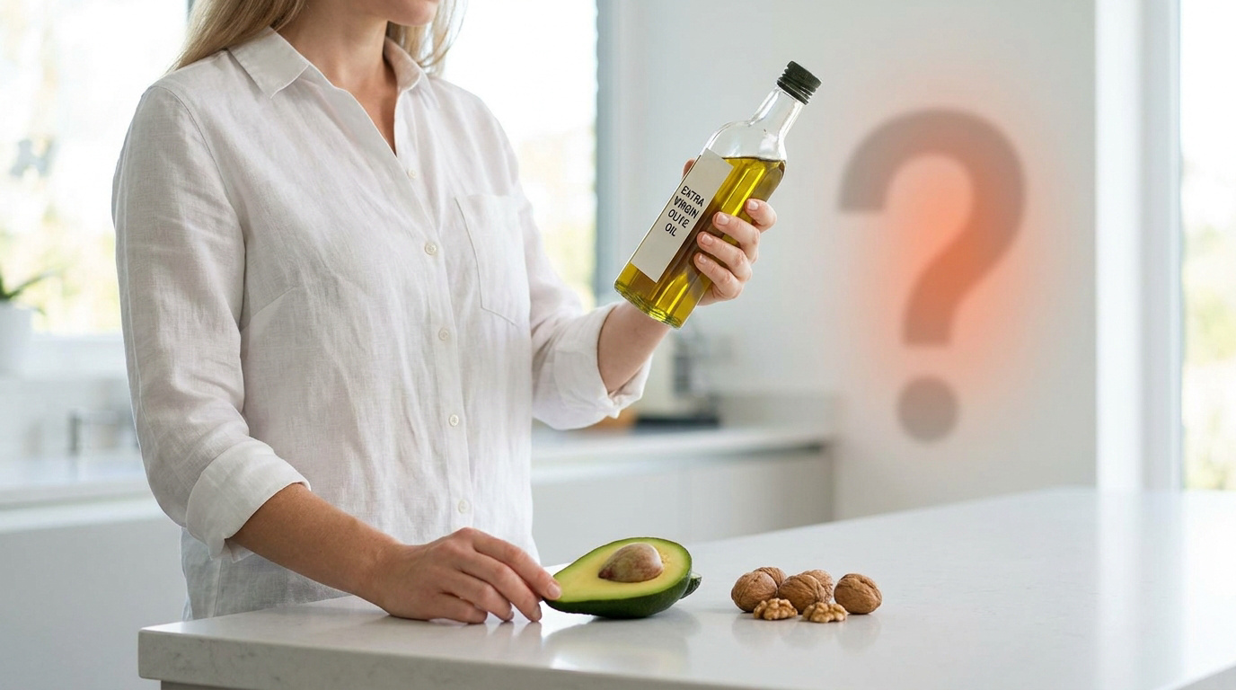 Une femme examine une bouteille d'huile d'olive à côté d'un avocat et de noix, avec un point d'interrogation en arrière-plan.