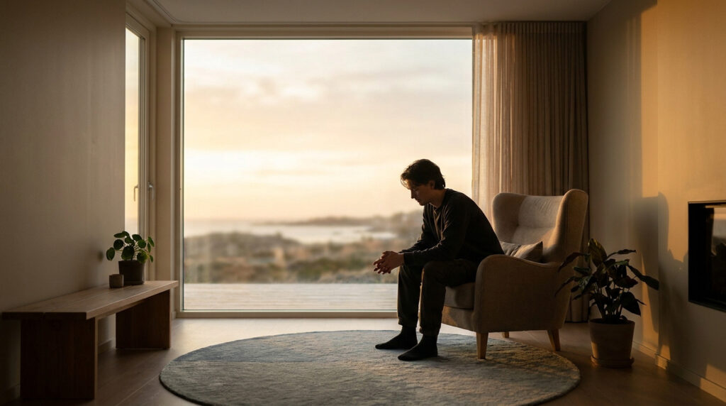 Un homme est assis seul dans un fauteuil, l'air pensif, face à une grande baie vitrée au coucher du soleil.