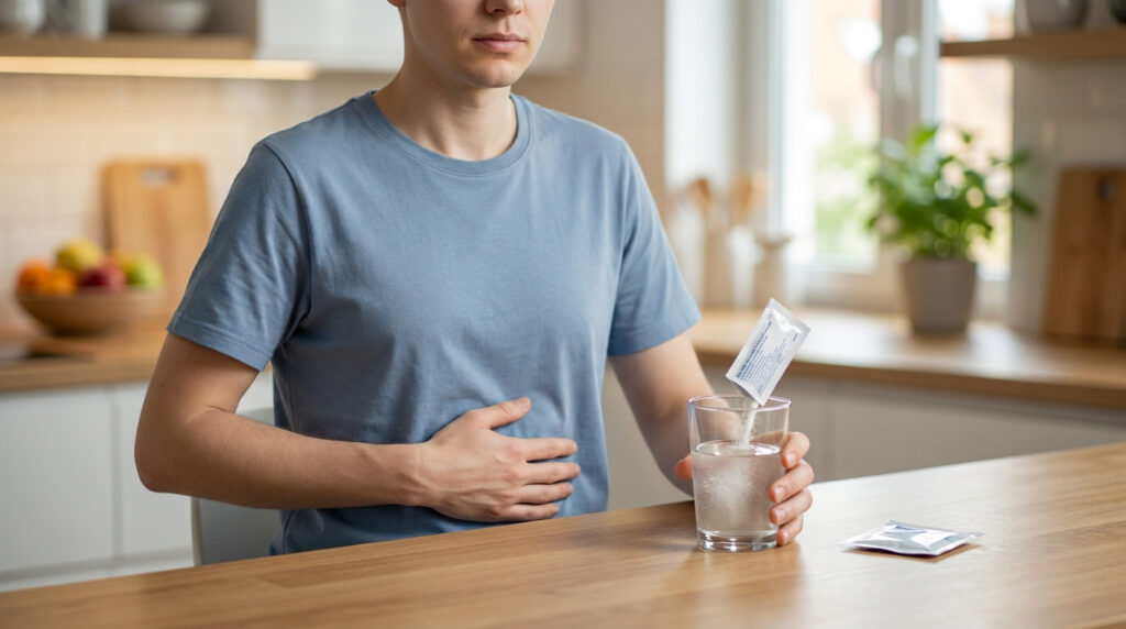 Un homme souffrant de maux d'estomac prépare un médicament en poudre dans un verre d'eau.
