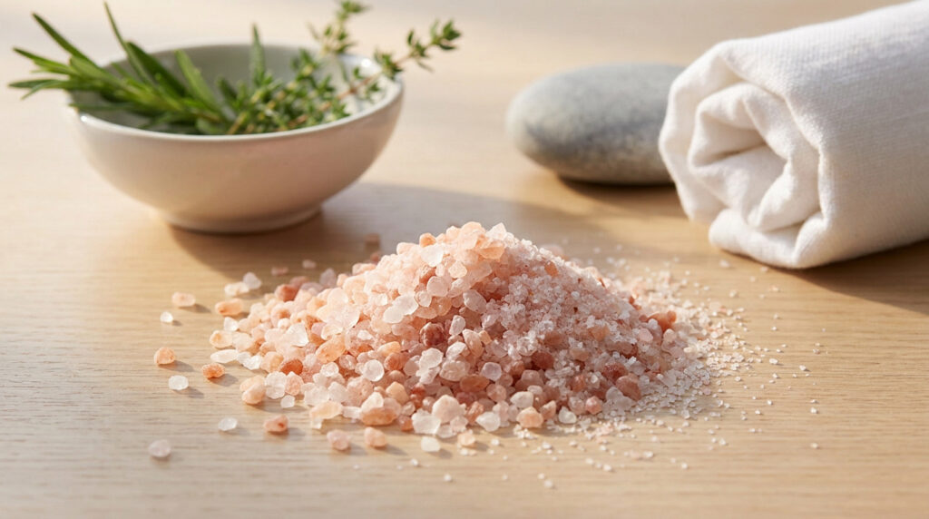 Tas de sel rose de l'Himalaya sur une table en bois avec une serviette blanche, une pierre et des herbes aromatiques.