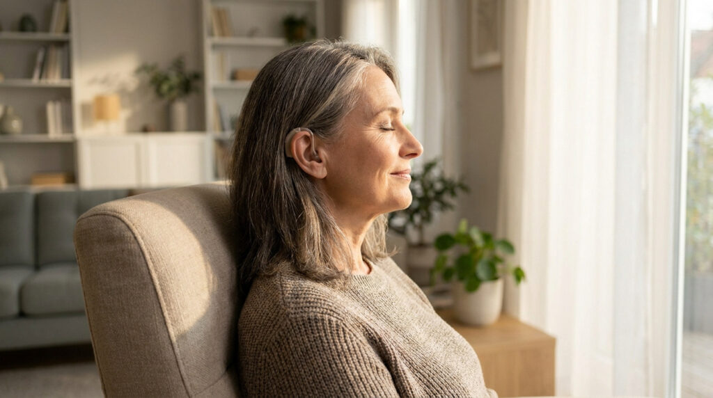 Femme aux cheveux gris apaisée, portant discrètement une aide auditive, assise confortablement chez elle.