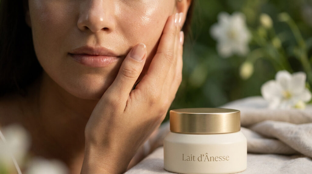 Femme touchant sa joue lumineuse à côté d'un pot de crème au lait d'ânesse sur fond floral flou.