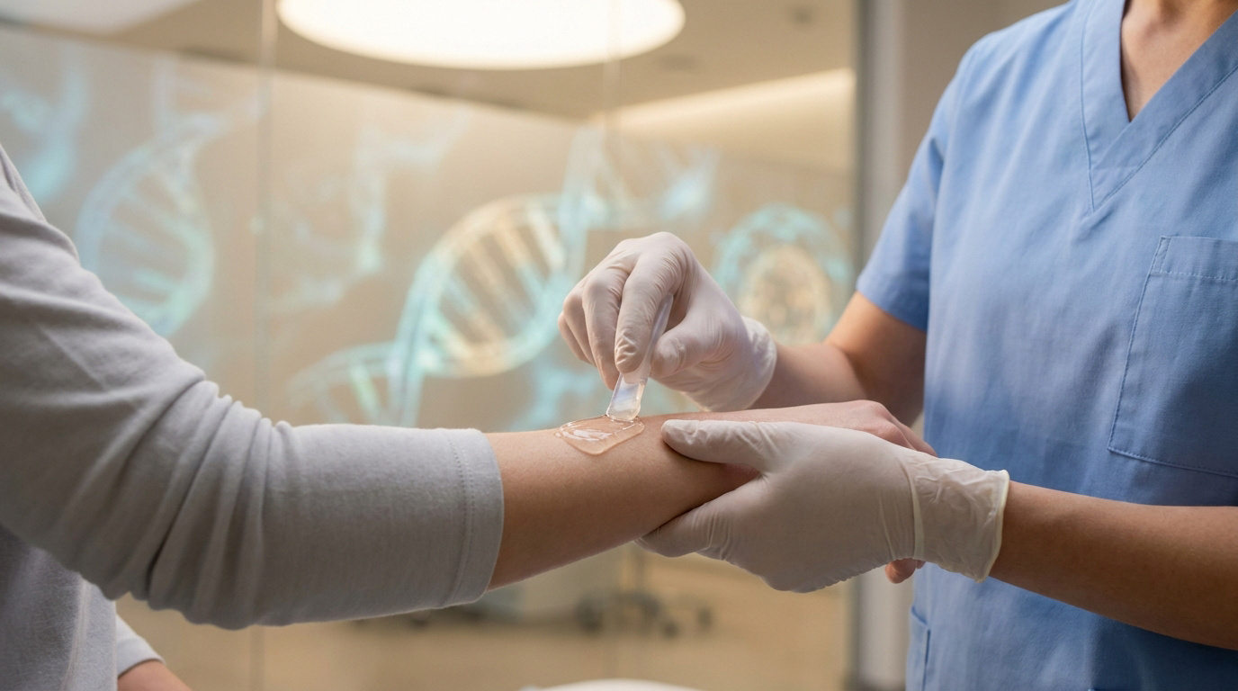 Un professionnel de santé applique un gel thérapeutique sur le bras d'un patient avec des graphismes d'ADN en arrière-plan.