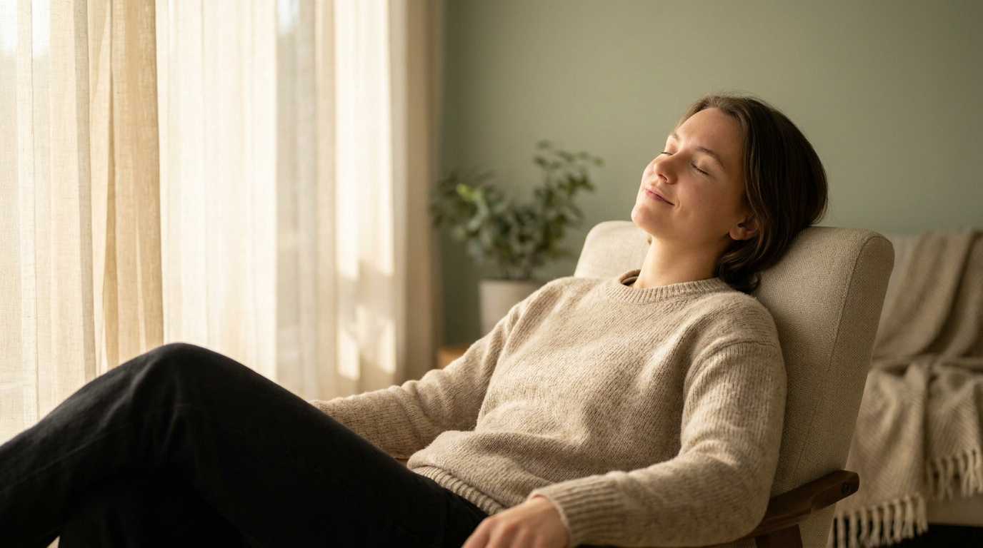 Une jeune femme détendue se repose dans un fauteuil près d'une fenêtre pour soulager une migraine.