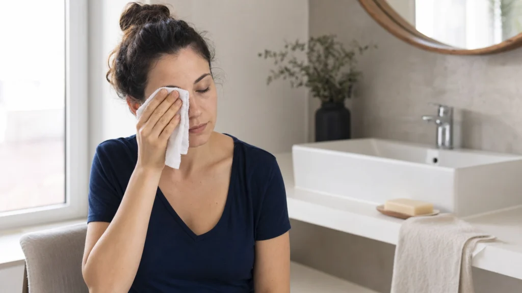 Adulte appliquant une compresse propre sur un œil fermé dans une salle de bain lumineuse