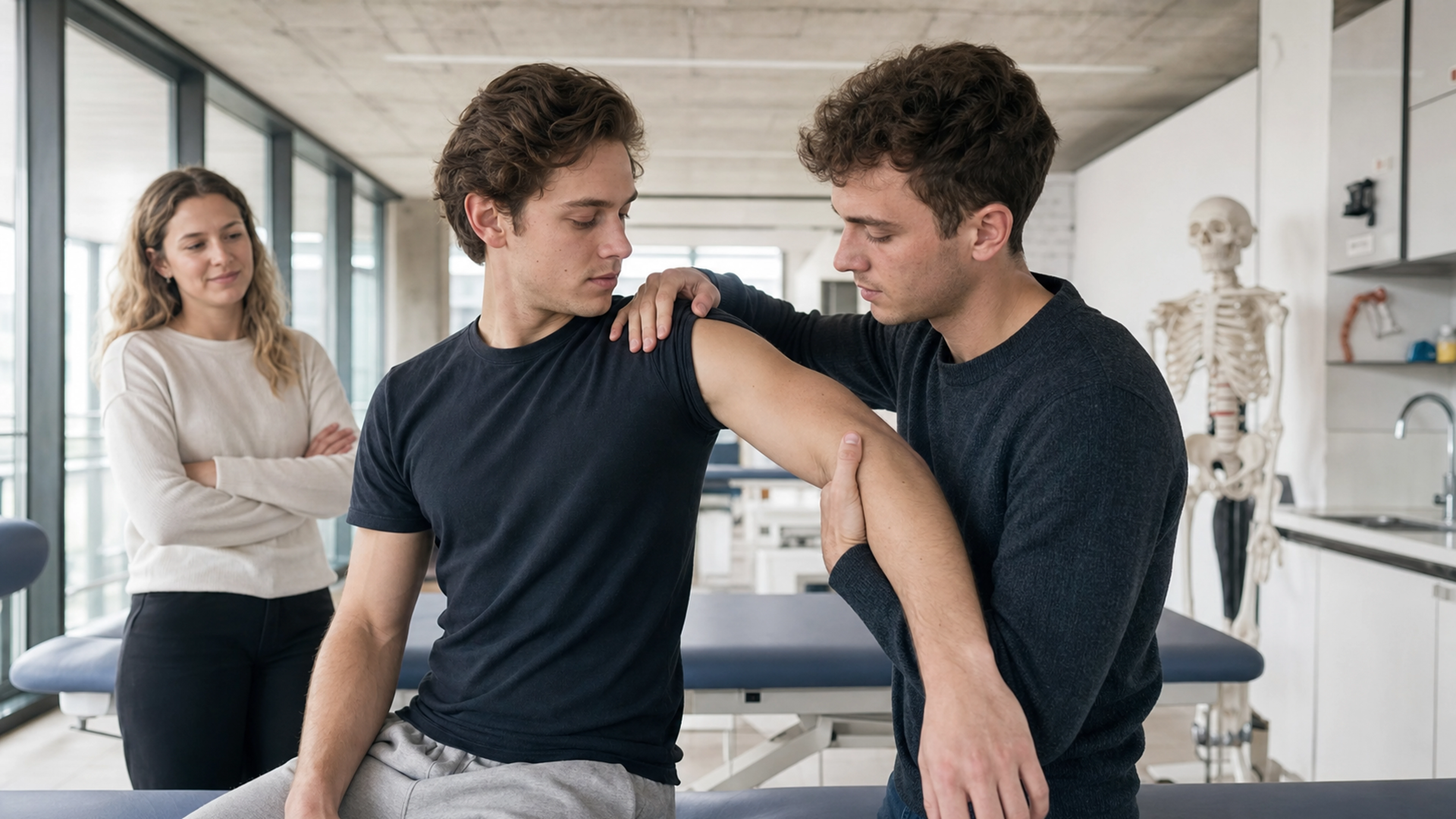 Deux étudiants en kinésithérapie s’exercent à mobiliser une épaule sous le regard d’une formatrice.