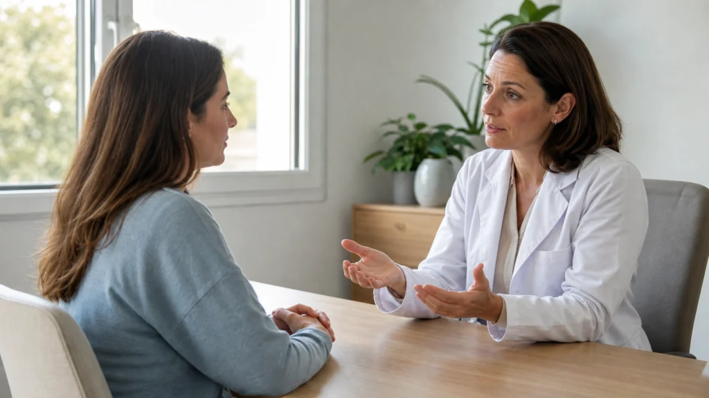 Une médecin échange avec une patiente lors d'une consultation en lumière naturelle