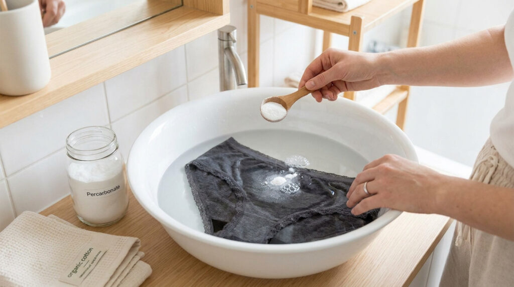 Une personne verse une cuillère de percarbonate dans une vasque contenant de l'eau et une culotte menstruelle grise.