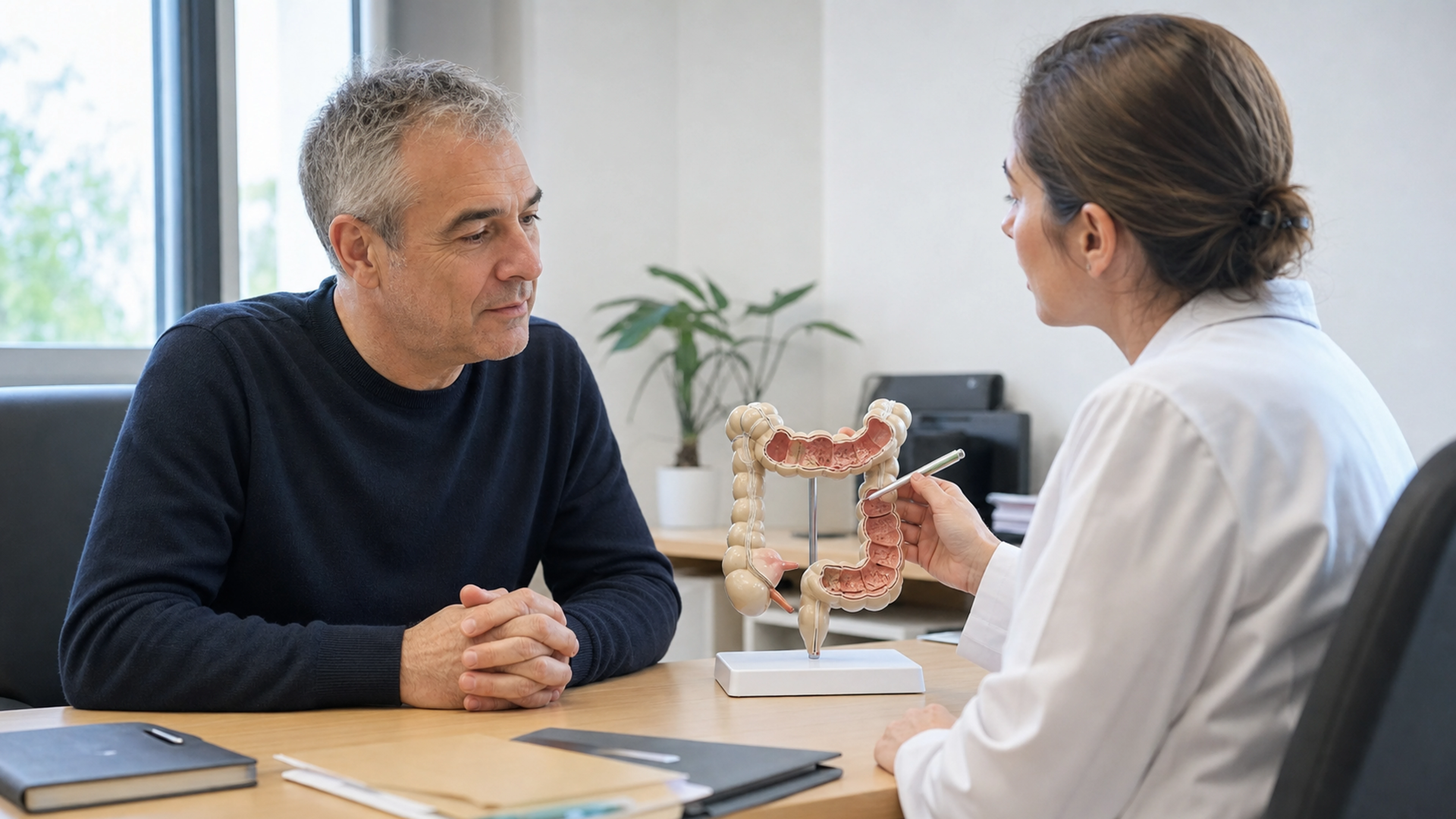 Gastro-entérologue présentant un modèle du côlon à un patient lors d’une consultation