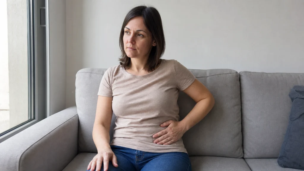 Femme assise posant la main sur le bas-ventre gauche près d’une fenêtre