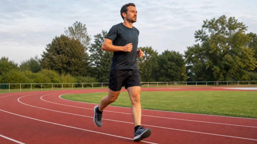 Coureur maintenant une allure régulière sur une piste d’athlétisme