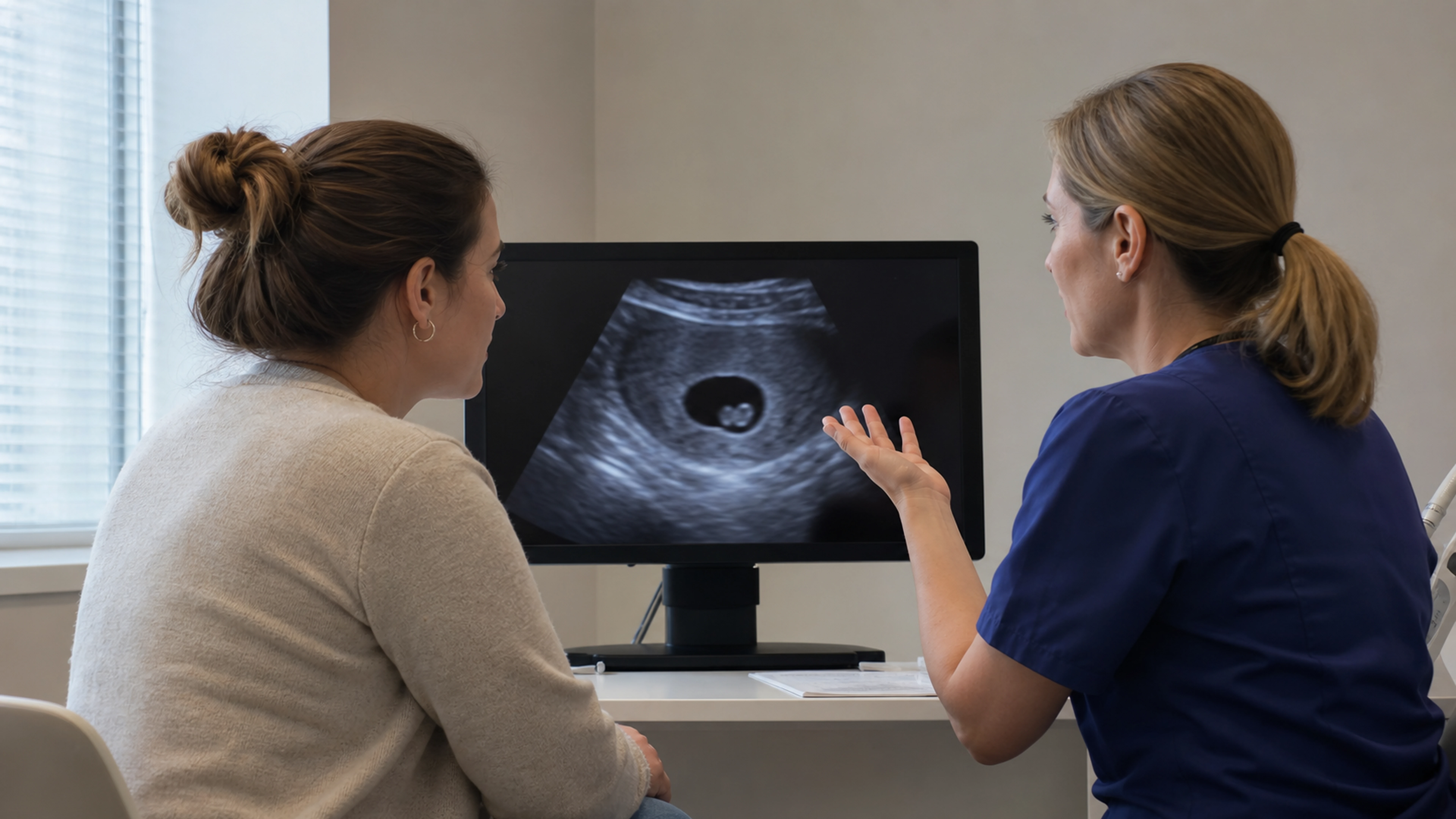 Patiente et praticienne observant une échographie de début de grossesse sur un écran