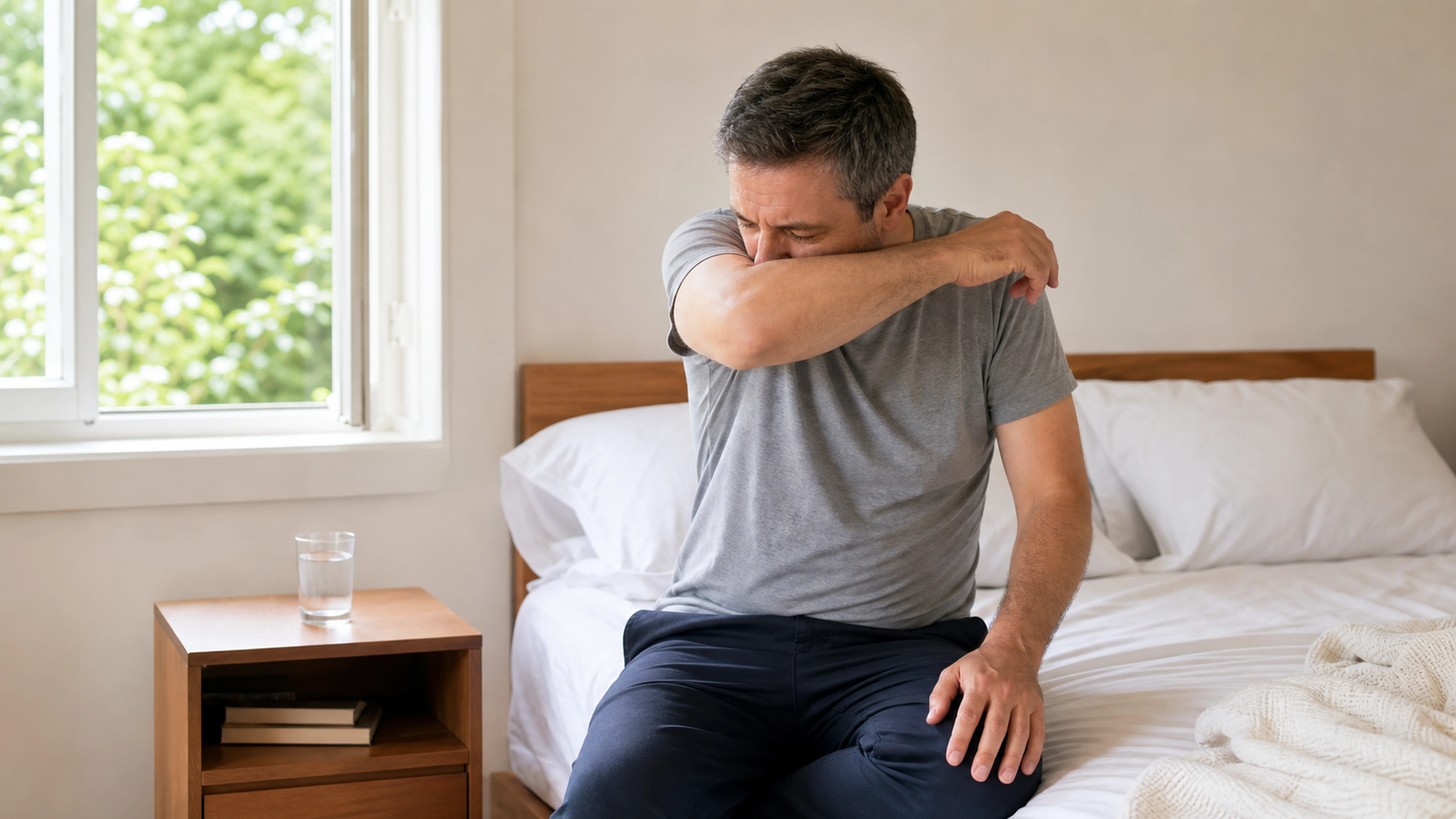 Homme assis sur un lit couvrant une toux dans le pli du coude