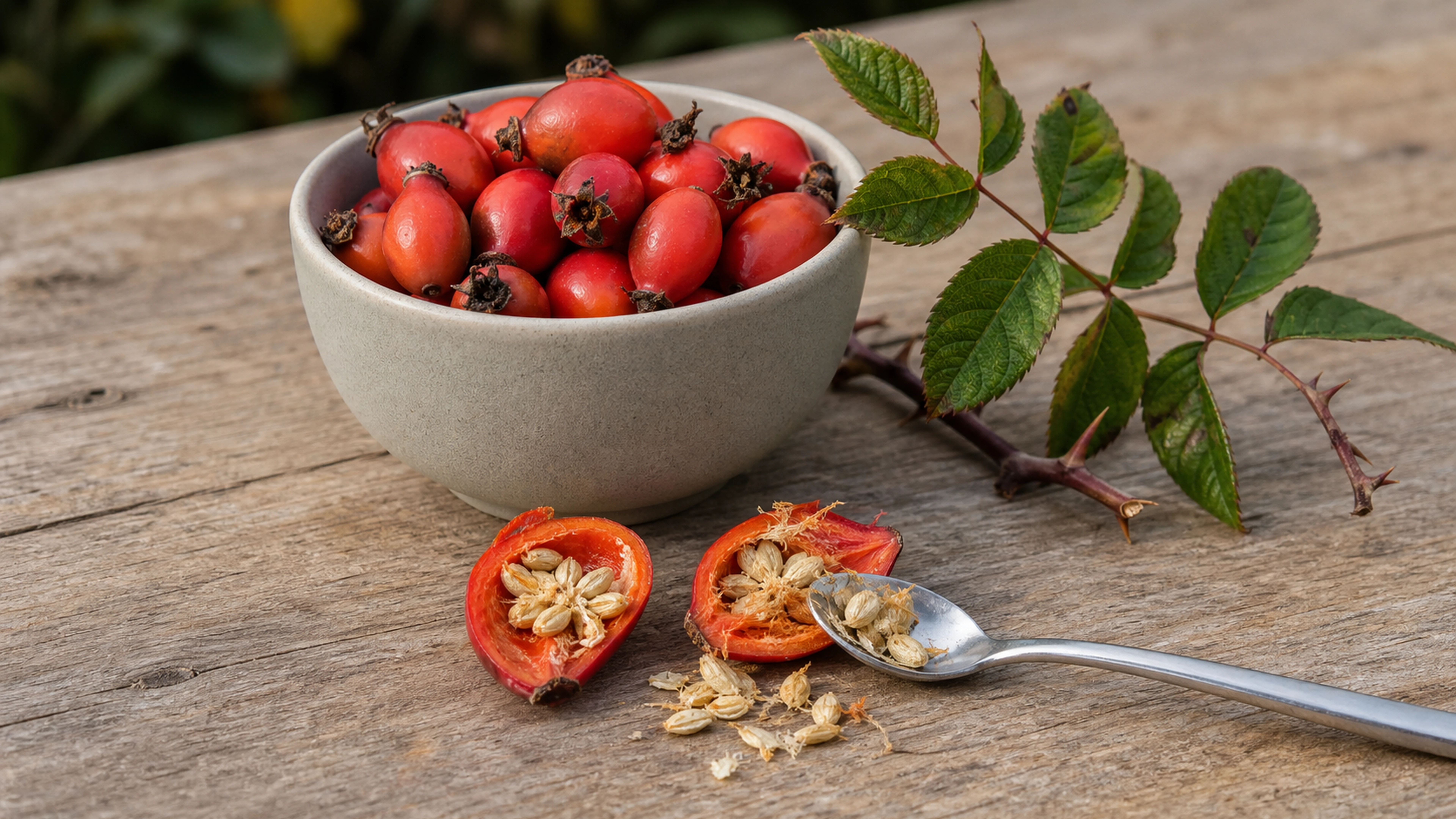 Cynorrhodons frais et fruits ouverts avec leurs graines sur une table en bois