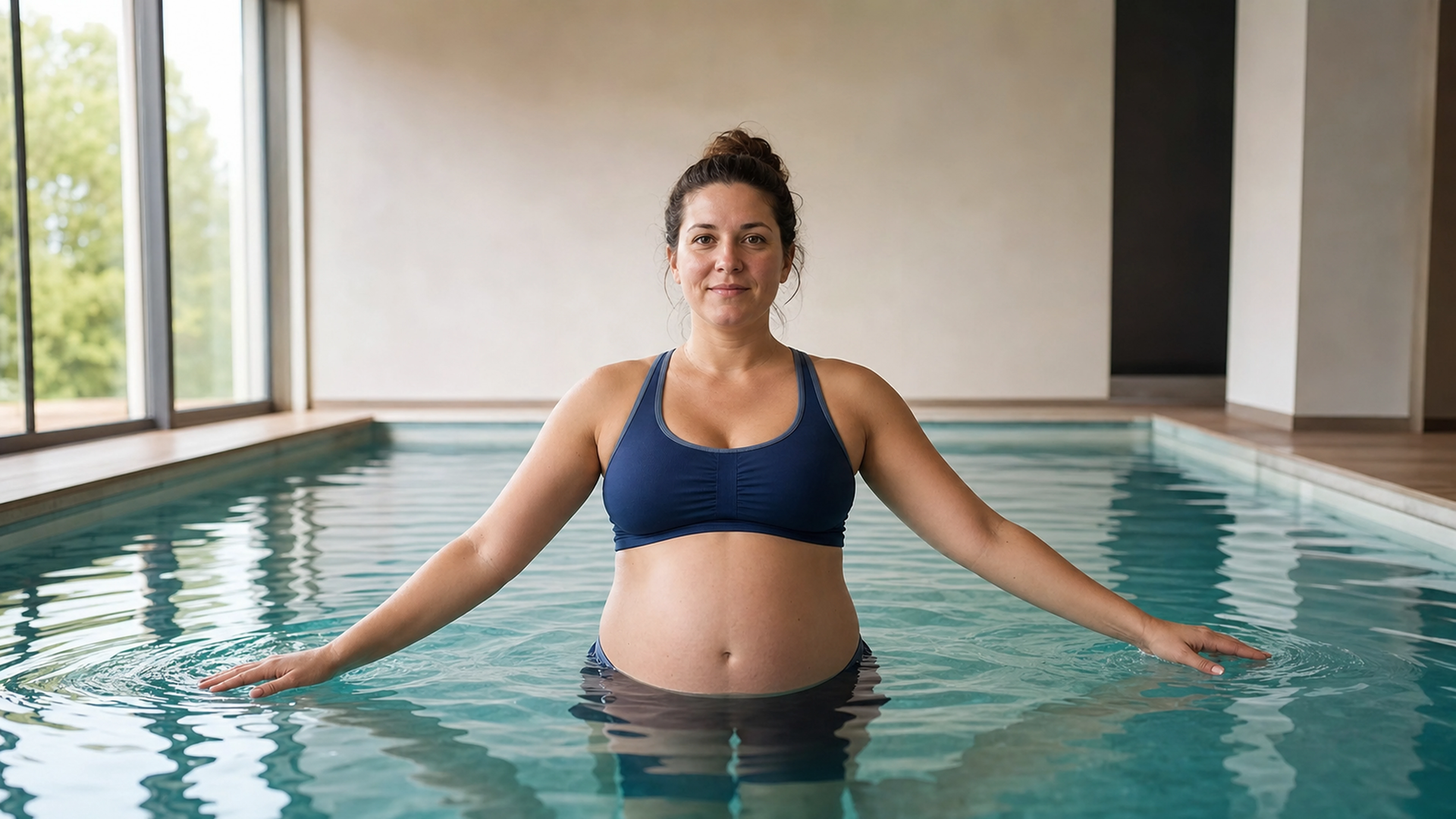 Femme enceinte pratiquant doucement l’aquagym dans une piscine intérieure