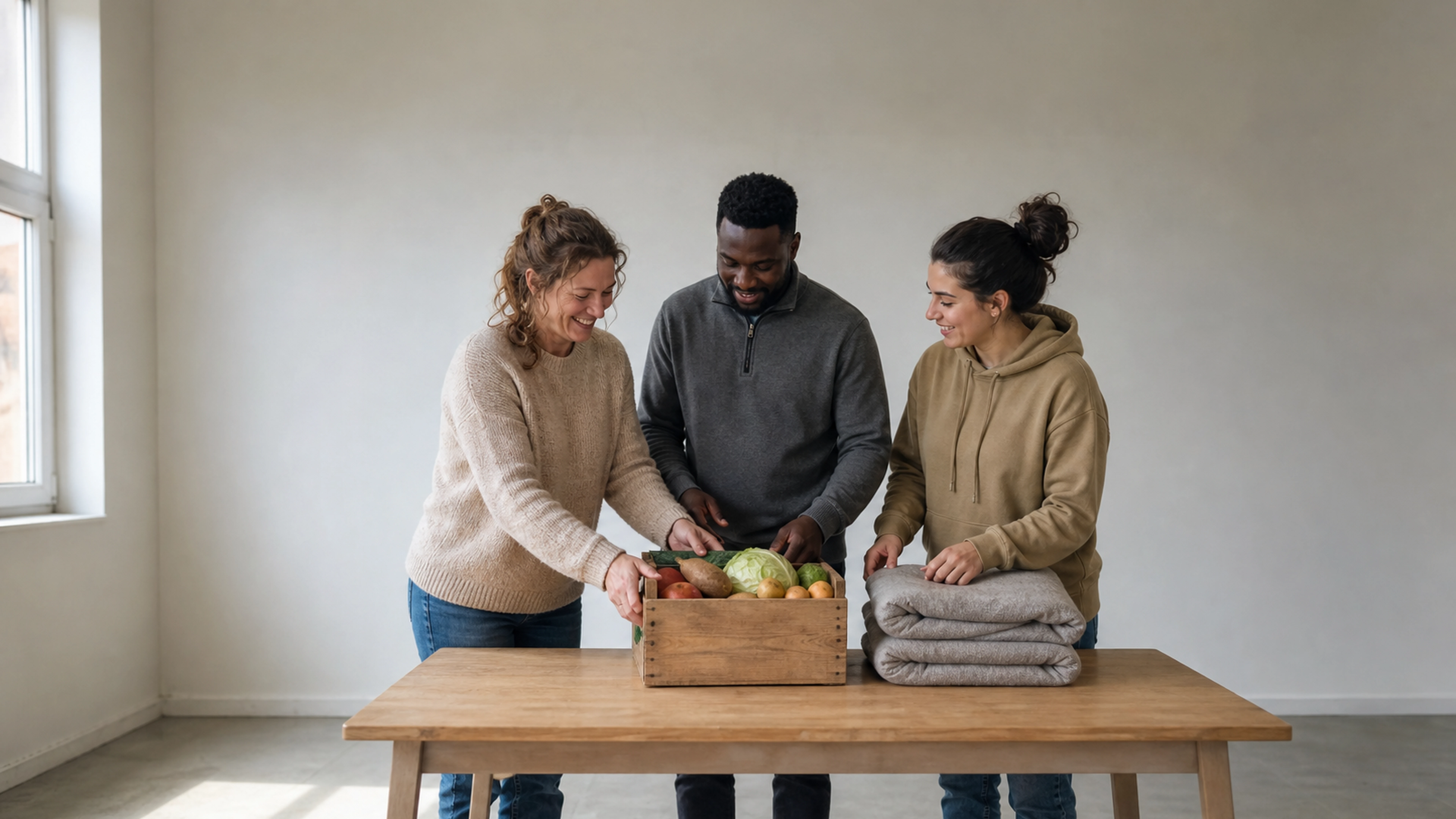 Trois bénévoles préparent ensemble une caisse de légumes et des couvertures dans un local associatif.