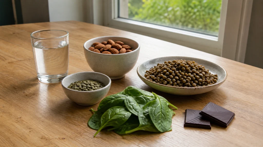Amandes, graines de courge, lentilles, épinards et chocolat noir disposés sur une table